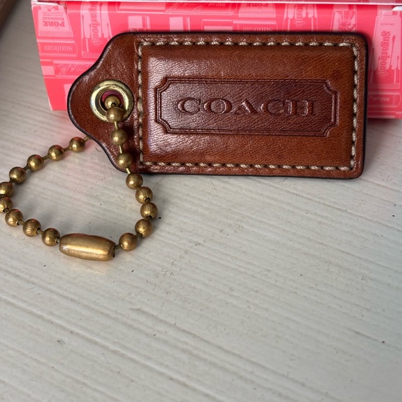 Coach Tan Leather Keychain with Gold Chain - Picture 1 of 7